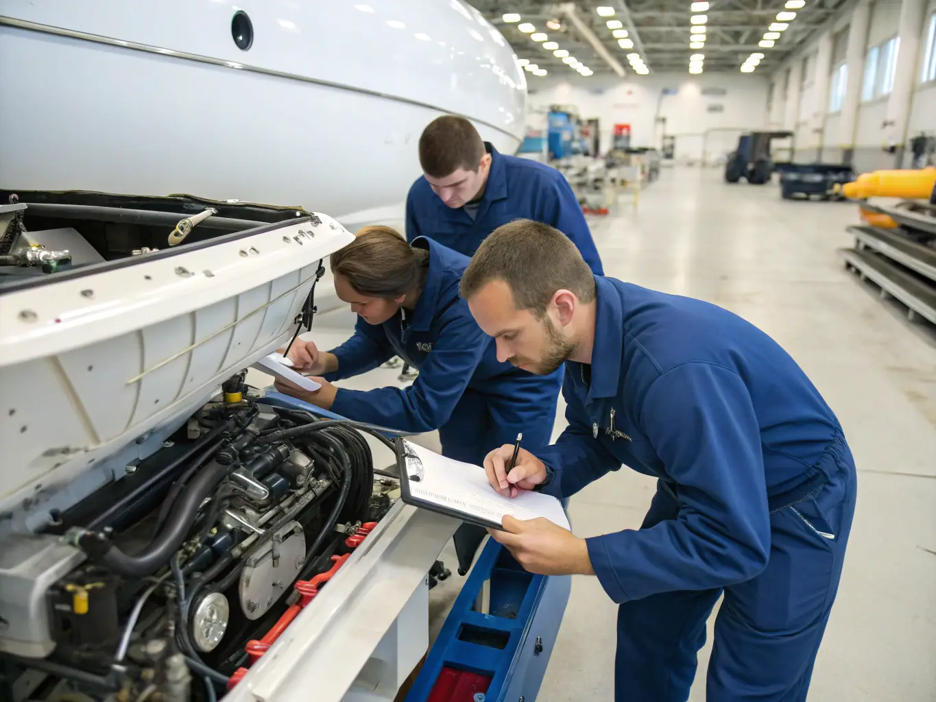A team of engineers inspecting a ship's engine room with advanced diagnostic tools.