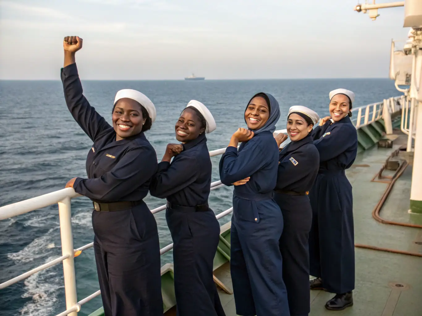 A diverse team of maritime crew members onboard a vessel, smiling and working together.