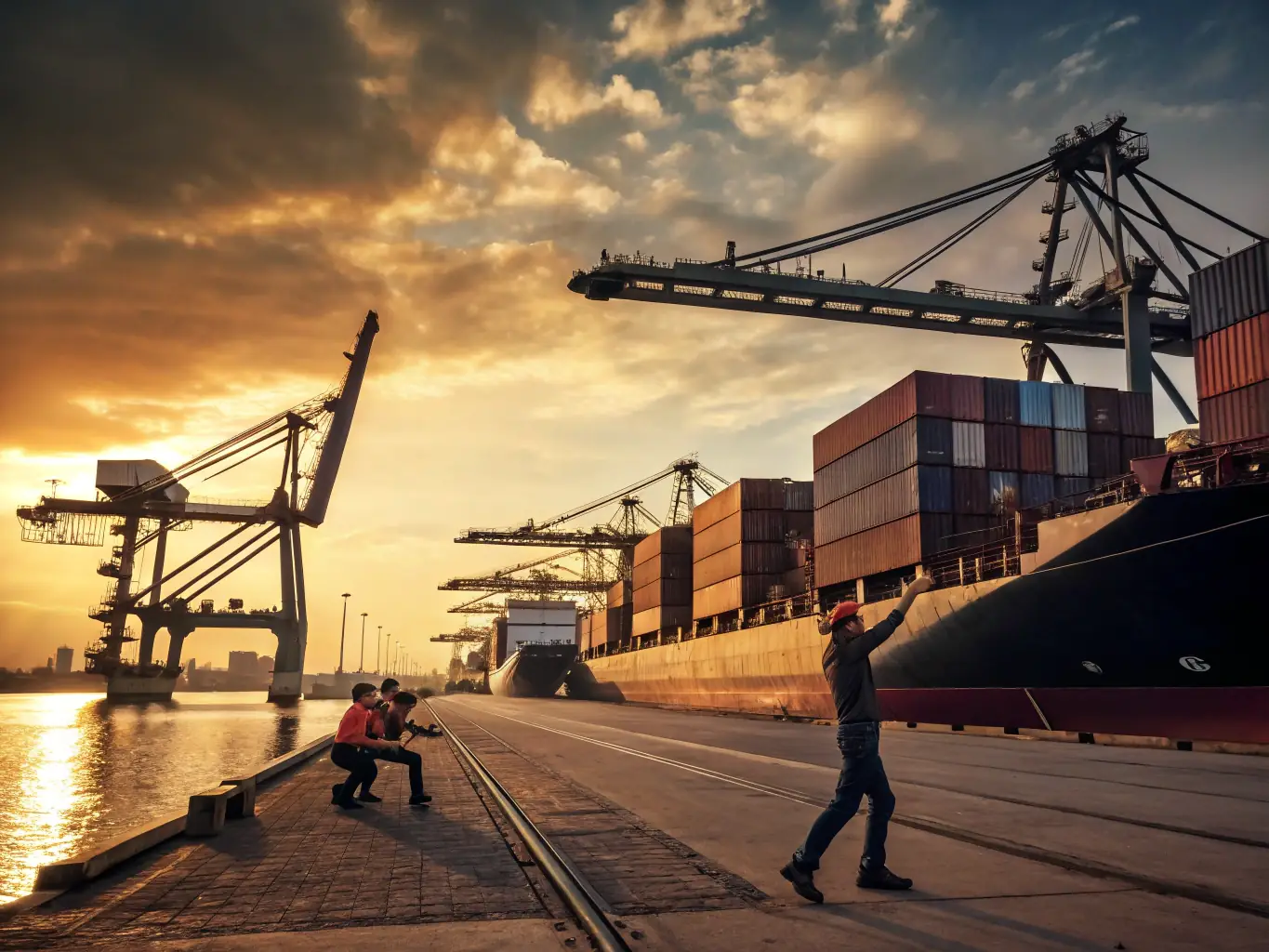 A high-angle, wide shot of a busy port terminal at dusk, with numerous container ships being loaded and unloaded by cranes. The scene is brightly lit, showcasing the complex logistical operations involved in transhipment. The MSI logo is subtly overlaid in the corner.
